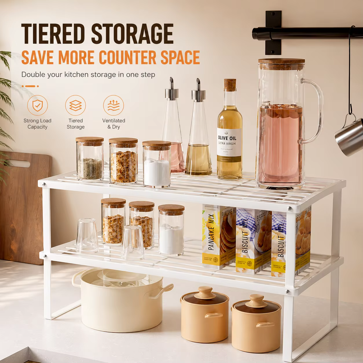 Étagère de rangement empilable en acier au carbone pour comptoir de cuisine, organisateur de placard pour bols, assiettes, casseroles, pots à épices, et pour salle de bain ou bureau
