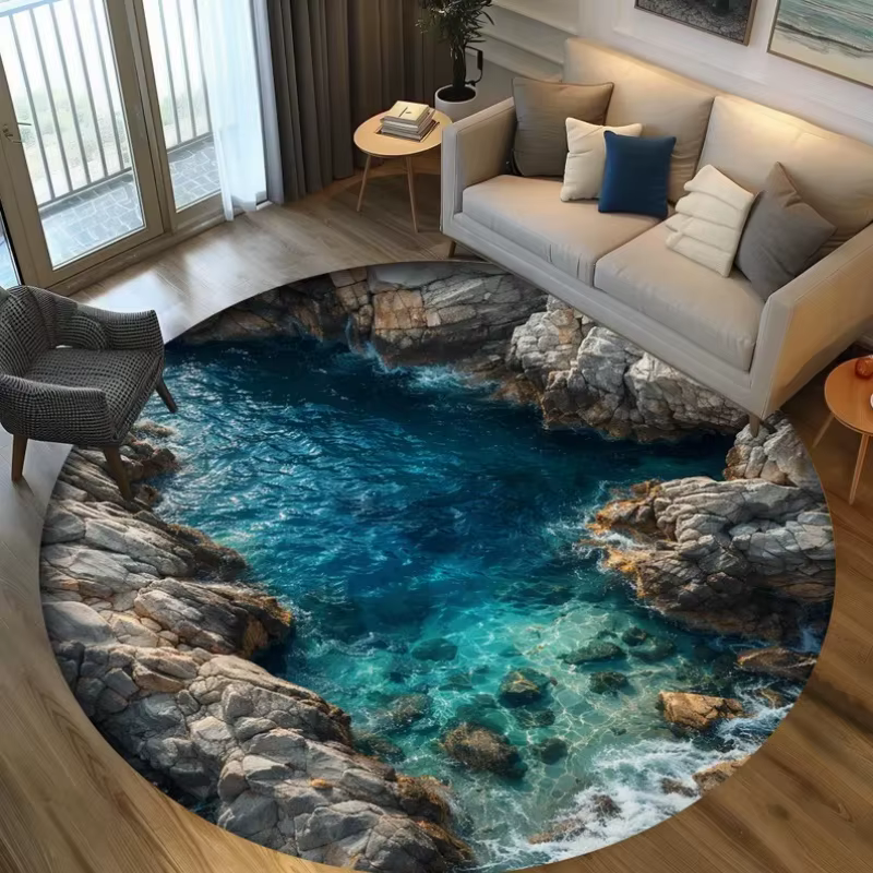 Tapis rond imprimé source thermale eau claire