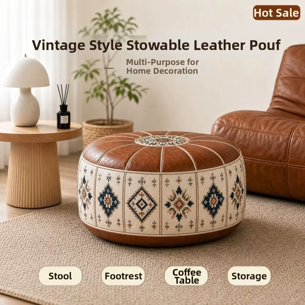 Housse de pouf ottoman à motif bohème, design remplissable, grande ouverture, repose-pieds, housse de pouf rond en cuir PU résistant à l'eau, pour salon