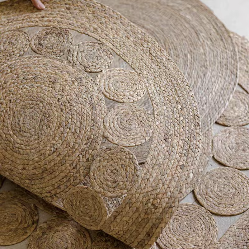Tapis Rond Tissé en Polymère et Rotin Naturel
