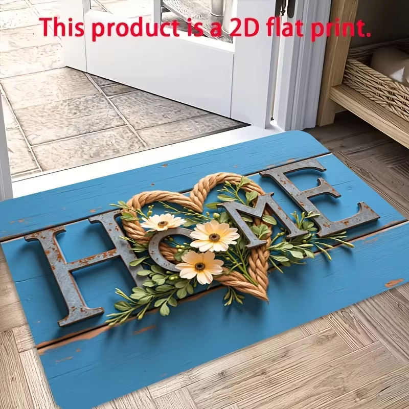 Tapis de sol rustique « Home Sweet Home » bleu à texture bois