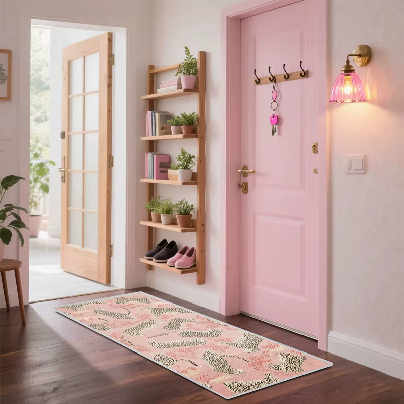 VIKAMA Tapis long rose à imprimé léopard pour hall d'entrée de luxe français