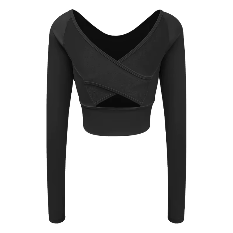 Haut de sport à manches longues pour femme, effet seconde peau, avec soutien-gorge intégré et design croisé en mesh sur le devant, idéal pour le yoga, le pilates et le fitness