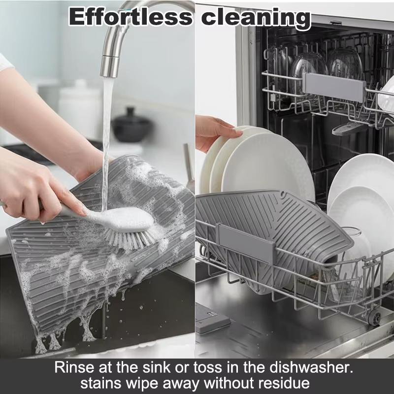 Tapis de séchage de vaisselle en silicone avec rebord de drainage intégré