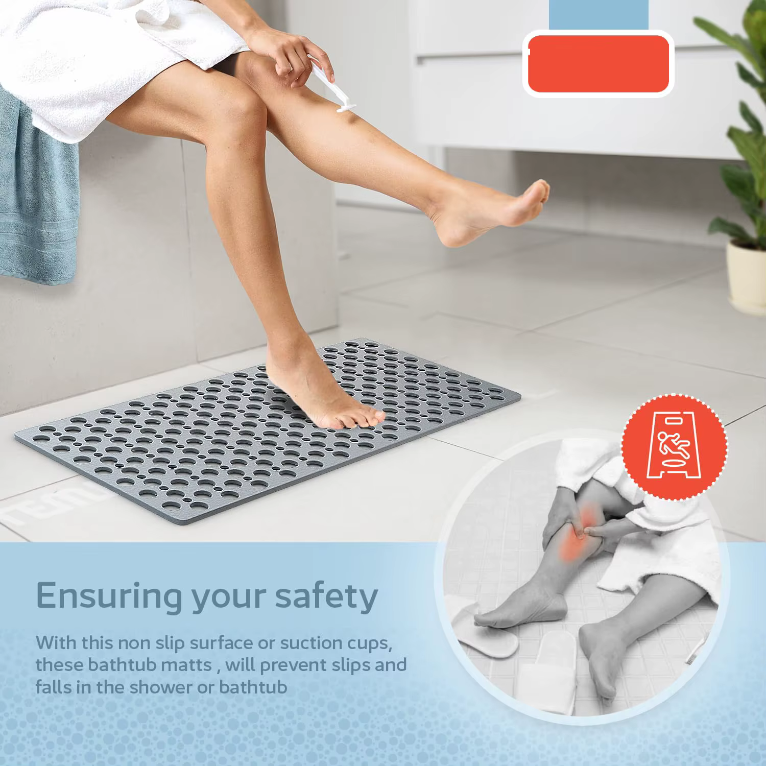 Tapis de bain et de douche antidérapant avec ventouses et trous de drainage