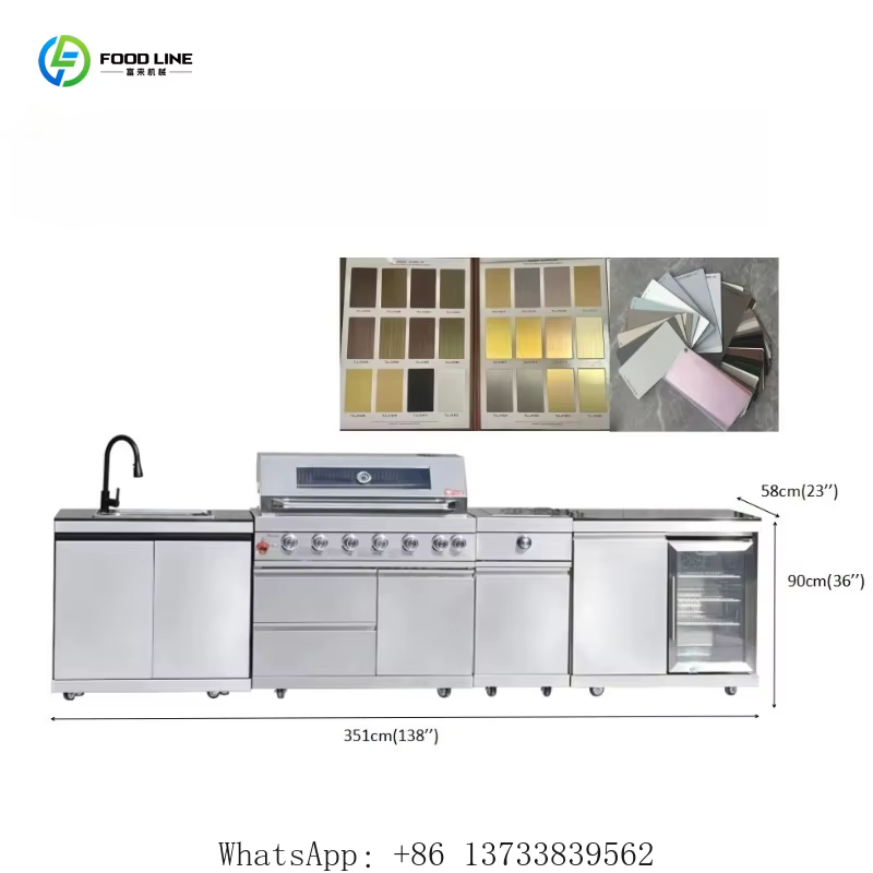 Cuisine extérieure personnalisée, armoire de barbecue professionnelle en acier inoxydable imperméable avec grill à gaz, réfrigérateur, évier