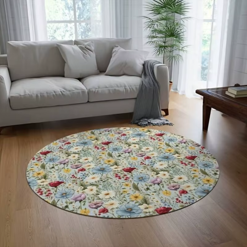 Tapis rond d'extérieur noir beige bohème mandala lotus
