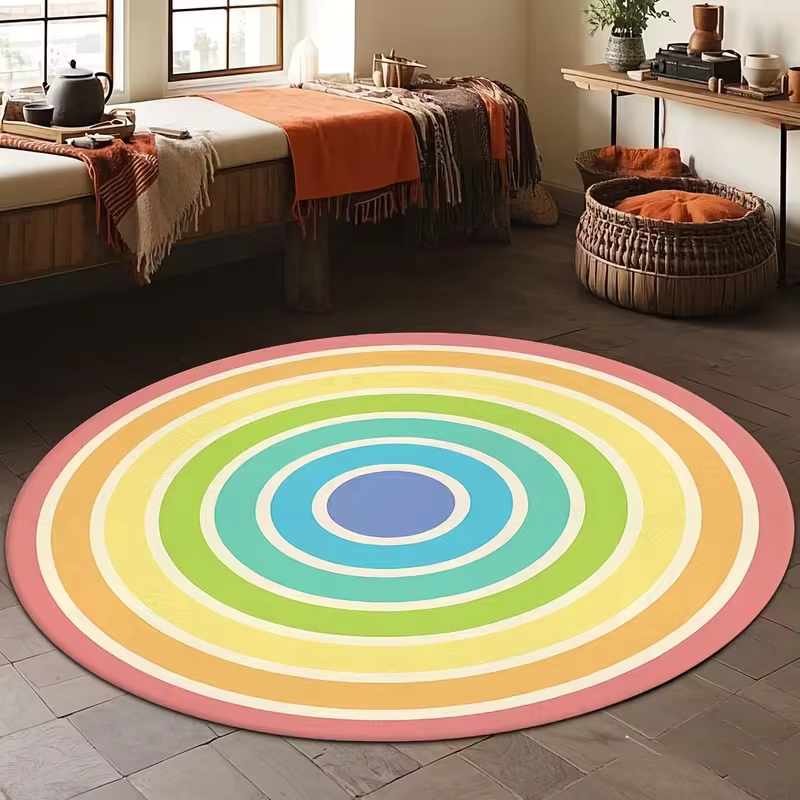 Tapis rond courbé arc-en-ciel à pois pastel