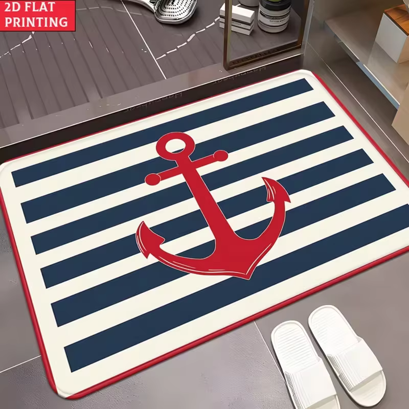 Paillasson bleu marine avec ancre dorée et bordure en corde nautique