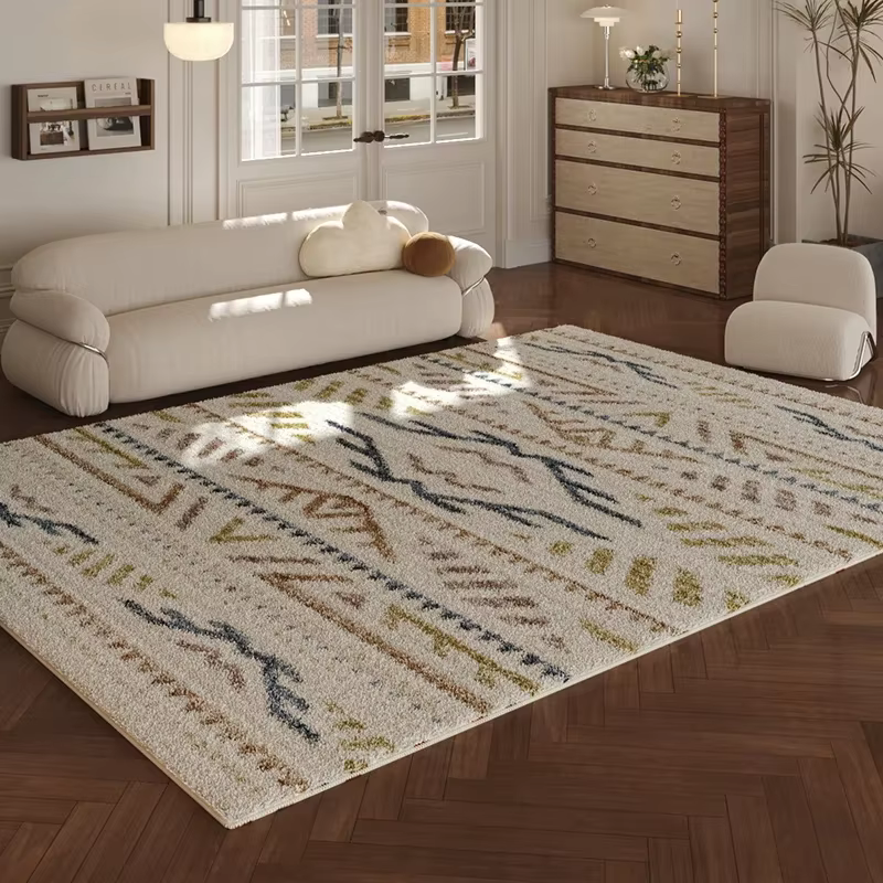 Tapis tribal marocain VIKAMA beige et noir avec rayures en losange