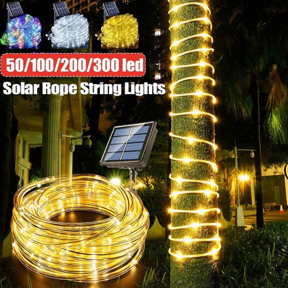 Lumières de tube de LED à énergie solaire, guirlandes lumineuses de jardin imperméables extérieures, lumières de décoration d'ambiance de noël de cour de balcon