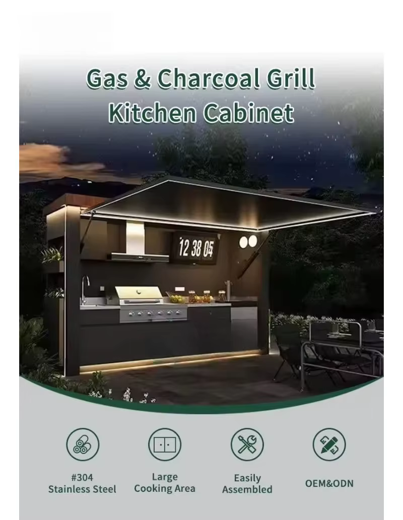 Cuisine extérieure personnalisée en acier inoxydable 304 avec plan de travail en marbre, certifiée CE, durable, fabriquée en usine pour jardin, fête, patio, cour.