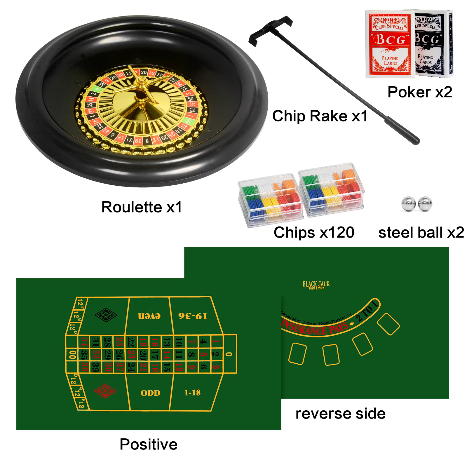 Ensemble de jeu de roulette de casino avec 120 jetons, 2 paires de cartes de poker, tapis de jeu double face, roulette, raclette, roulette