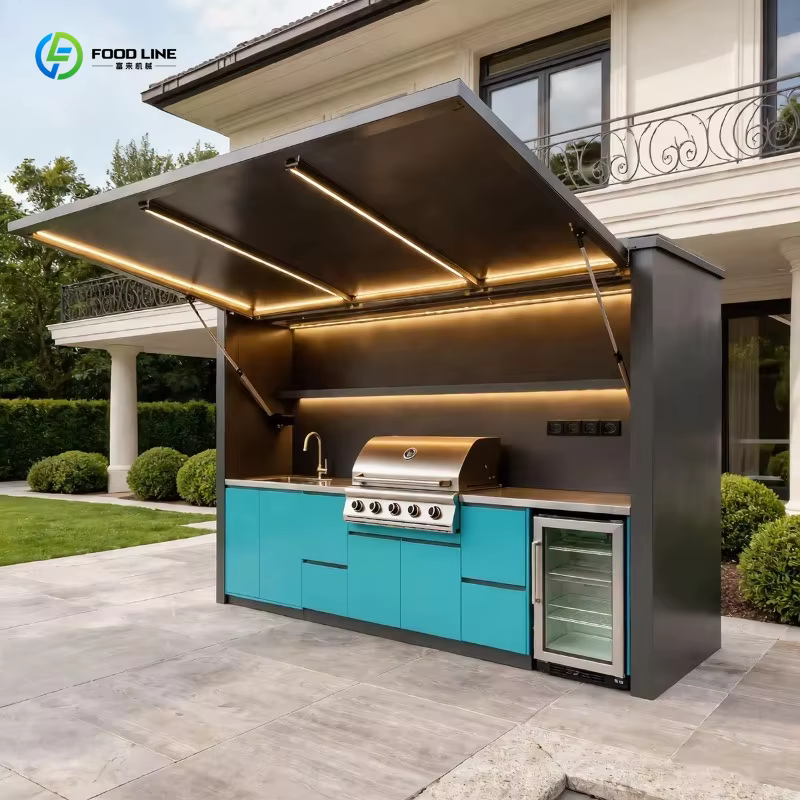 Îlot de cuisine extérieur modulaire écologique personnalisé en acier inoxydable avec barbecue, panier de rangement étanche