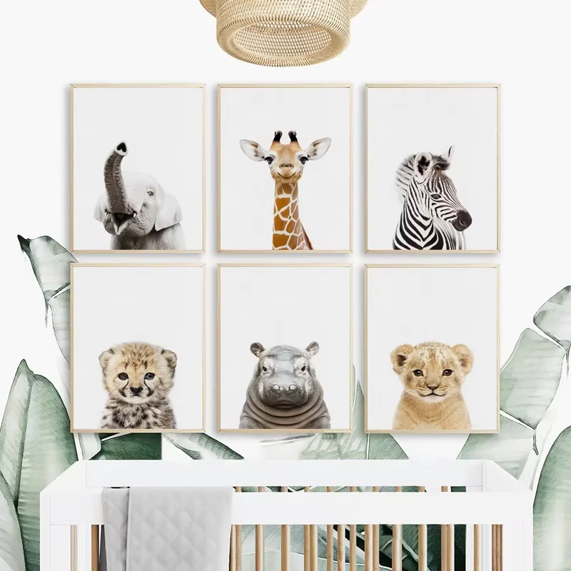 Toile murale avec animaux pour chambre de bébé, peinture d'éléphant, girafe, ours, imprimés d'art mural, affiche d'art nordique pour chambre d'enfant, décor de pépinière