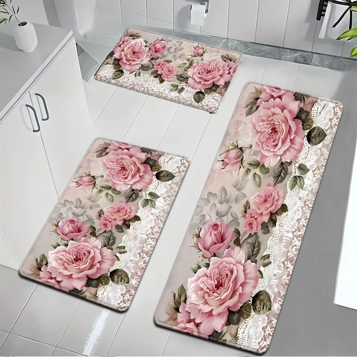 Tapis de cuisine rose style campagne française