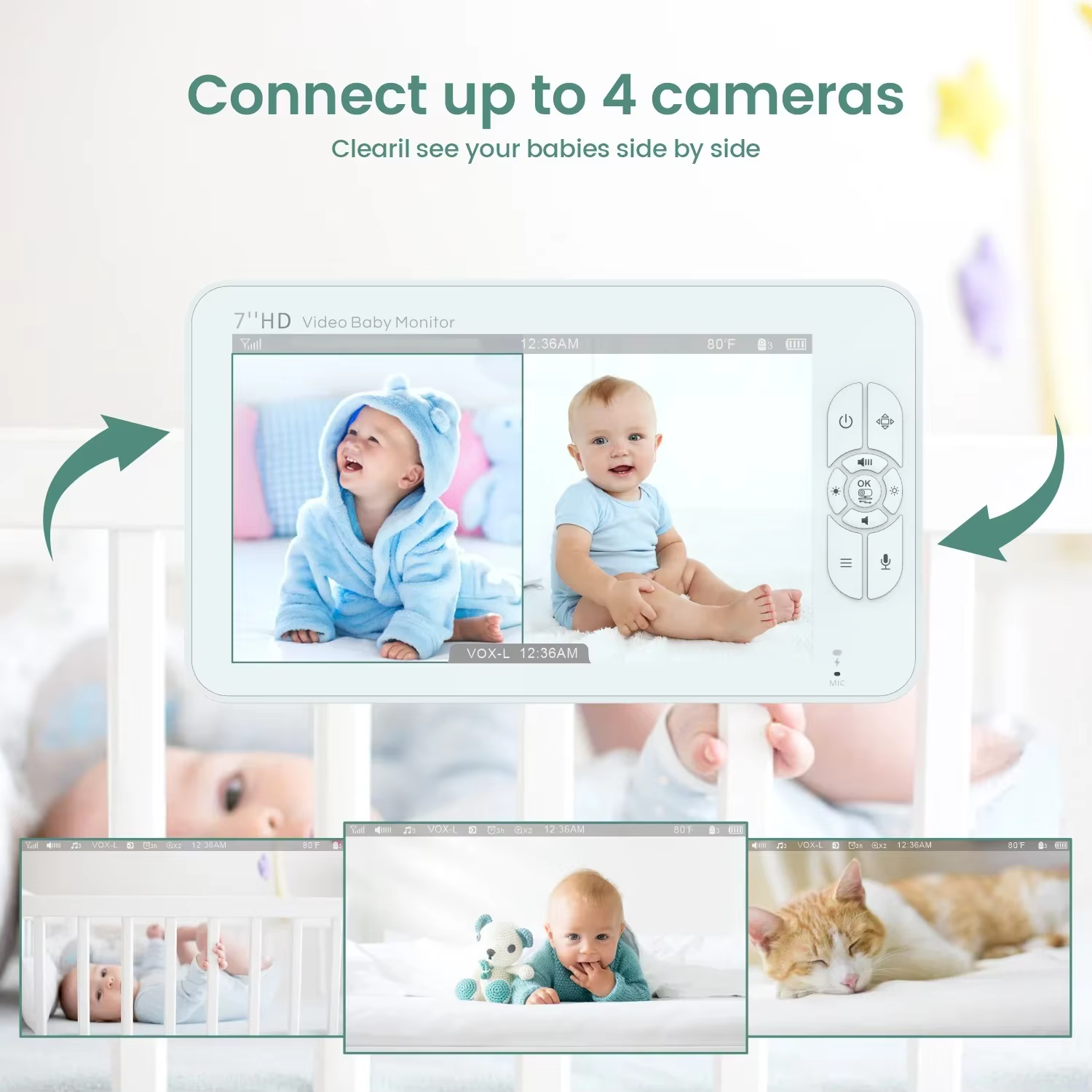 Moniteur vidéo pour bébé de 7,0 pouces, avec caméra PTZ à zoom 4X, écran partagé HD, audio bidirectionnel, vision nocturne IR, batterie 4000mAh, SM70 Baby Nanny