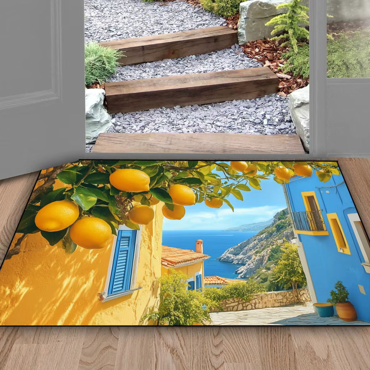 Tapis de sol réaliste avec motif de pelouse verte et de pierres