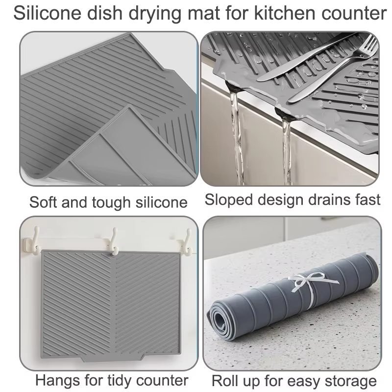 Tapis de séchage de vaisselle en silicone avec rebord de drainage intégré