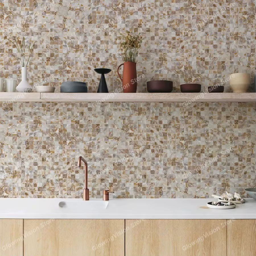 Autocollant de carrelage en mosaïque de coquille naturelle, papier peint en nacre pour décoration intérieure, salle de bains, cuisine, dosseret, feuille de carrelage mural