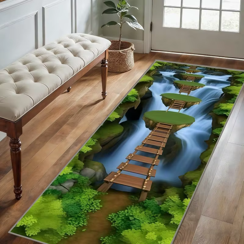 Tapis de couloir antidérapant 2D motif sentier forestier ensoleillé