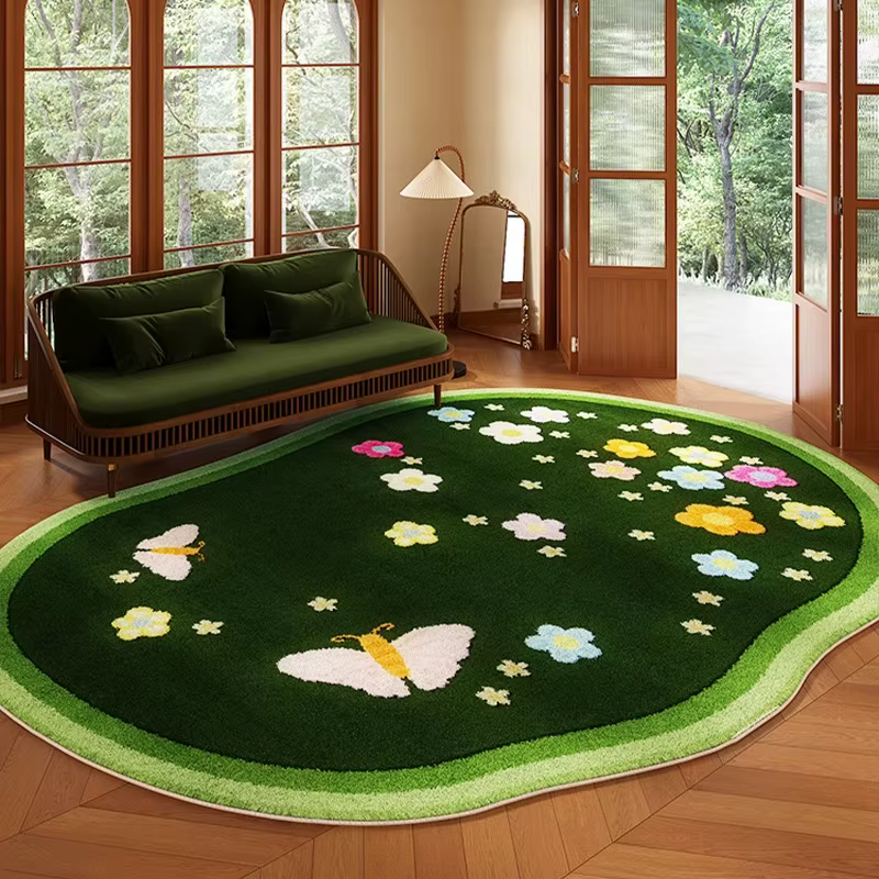 Tapis de salon vert irrégulier court en velours
