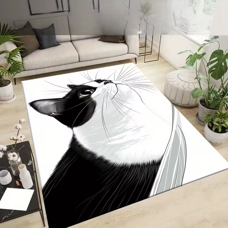 Chat noir et blanc, tapis à motif créatif
