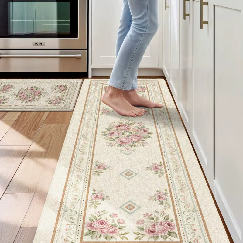 Tapis de couloir en feutre vintage vert rose à motif floral