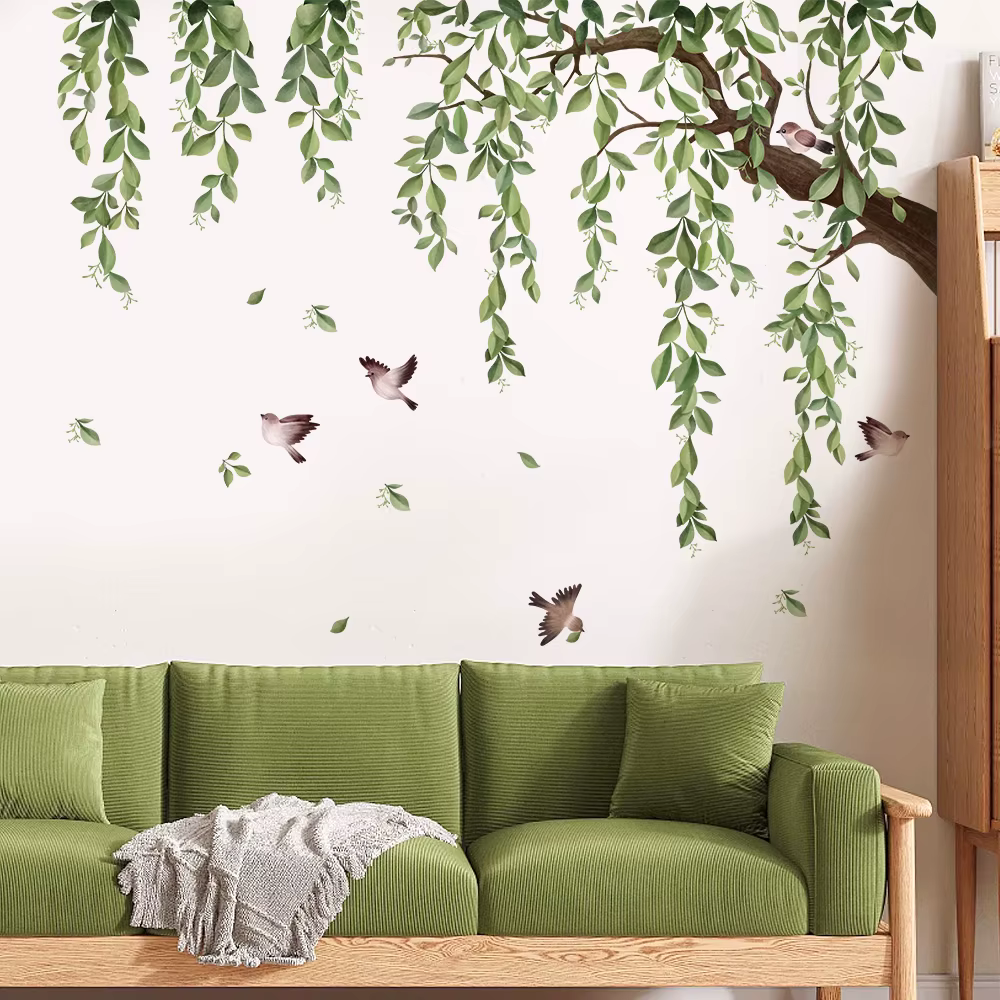 Autocollants muraux à l'encre feuilles vertes Nature pour salon chambre maison fleur fond décoration murale autocollant auto-adhésif papier peint