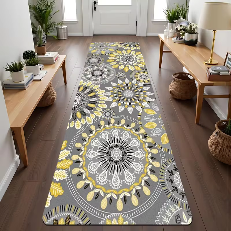 Tapis de couloir bohème à imprimé floral géométrique
