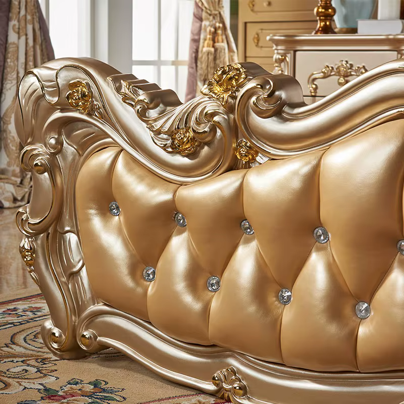 Ensemble de lit double de luxe européen doré, design pour chambre, petit lit double de luxe pour la maison, matelas en bois pour adultes, meubles pour la maison, lit