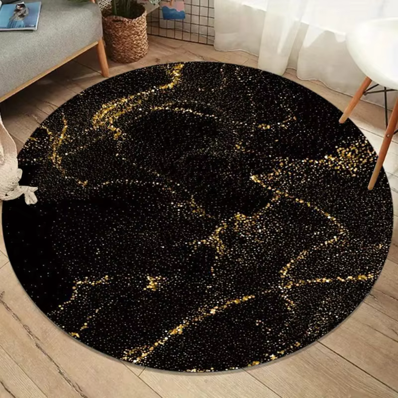 Tapis rond luxueux en marbre noir et or