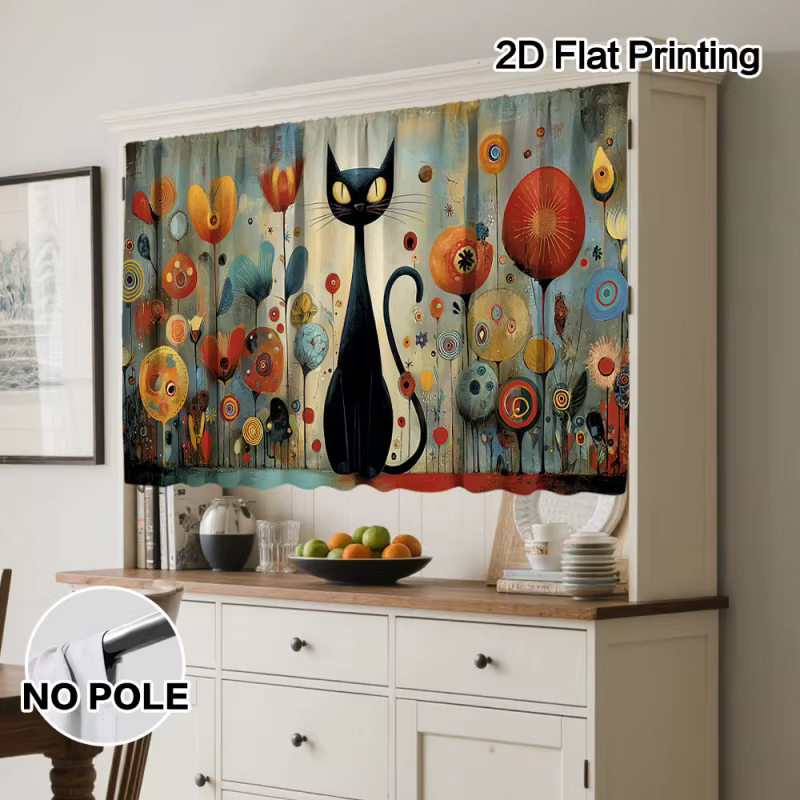 Rideaux de cuisine VIKAMA avec motifs de chats et de fleurs colorées