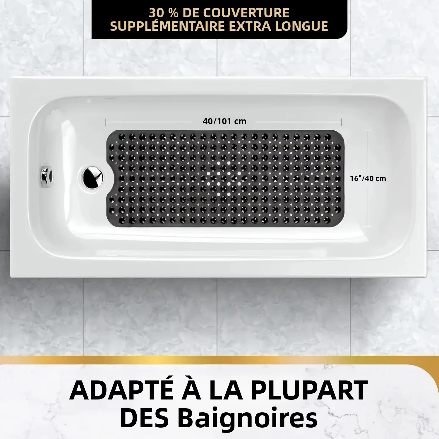 Tapis de baignoire Extra Long antidérapant 40x16 pouces