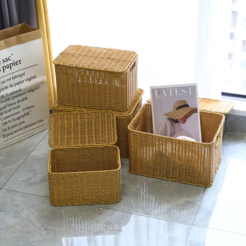 Nouvelle boîte de rangement - Chambre à coucher avec couvercle - Boîte organisatrice de vêtements - Imitation rotin tressé - Panier de rangement