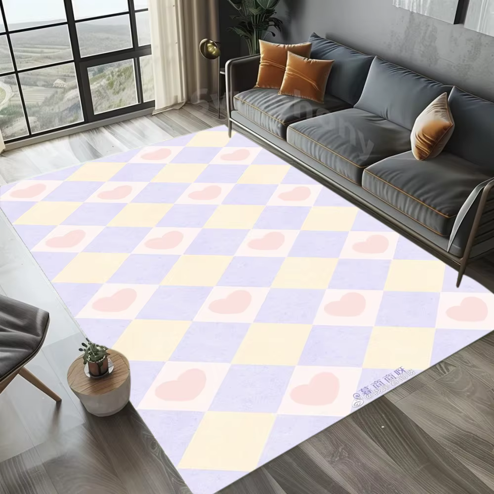 Tapis à motif de cœur à carreaux, Design doux et mignon, antidérapant, lavable, pour chambre à coucher, salon, chambre de fille, décoration de maison