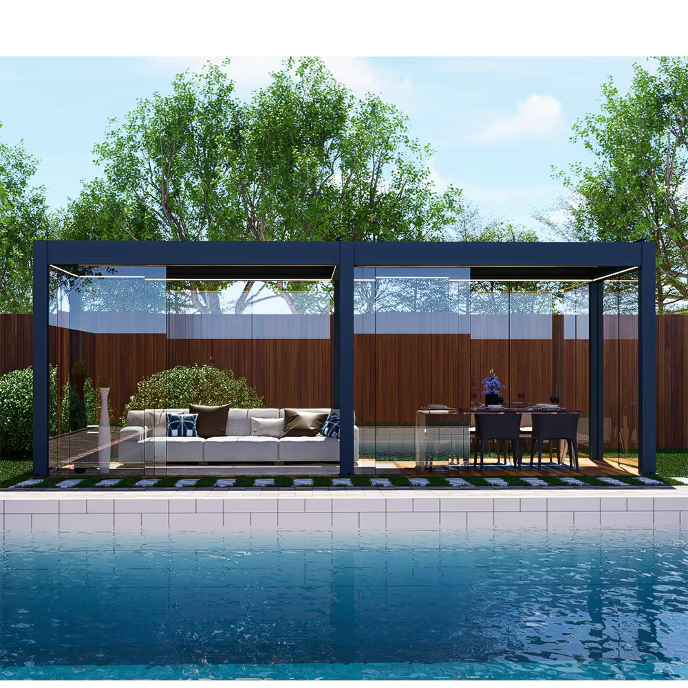 Pergola imperméable bioclimatique extérieure en métal et aluminium, porte coulissante moderne en verre pour maison personnalisée, Gazebo de jardin
