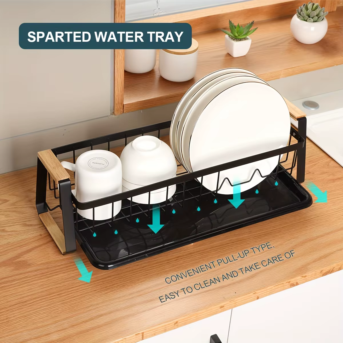 Égouttoir à vaisselle étroit pour comptoir de cuisine avec bac de récupération des eaux et porte-couverts amovible