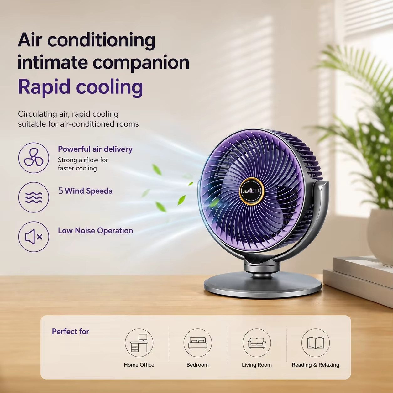 Ventilateur de circulation d'air moderne 3-en-1, 5 vitesses, 4 hauteurs, silencieux, portable, sur pied, USB-C pour la maison, la chambre, le bureau, le camping-car, le camping