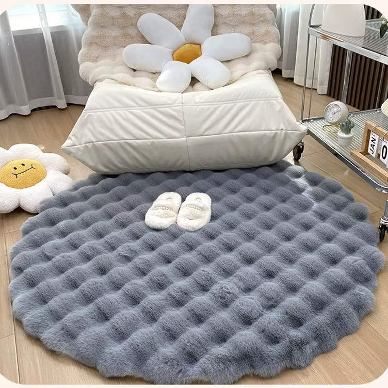 Tapis rond en peluche beige crème