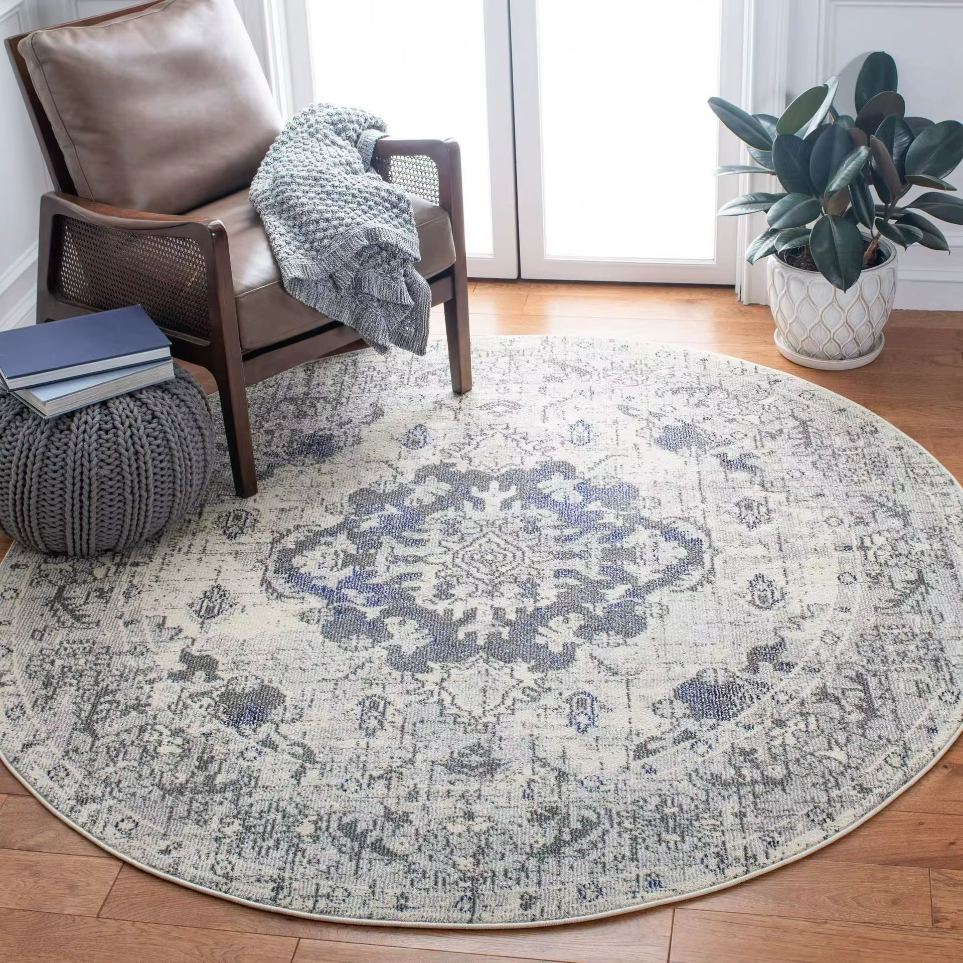 Tapis rond vintage à motif floral