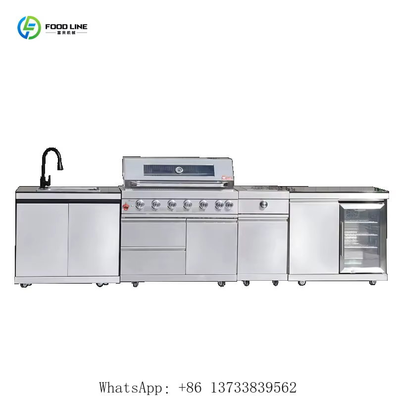 Cuisine extérieure personnalisée, armoire de barbecue professionnelle en acier inoxydable imperméable avec grill à gaz, réfrigérateur, évier