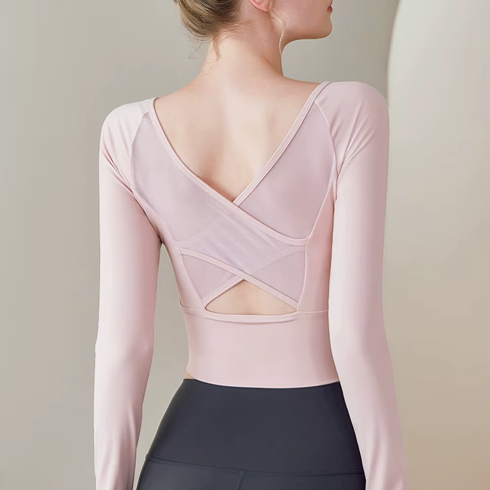 Haut de sport à manches longues pour femme, effet seconde peau, avec soutien-gorge intégré et design croisé en mesh sur le devant, idéal pour le yoga, le pilates et le fitness