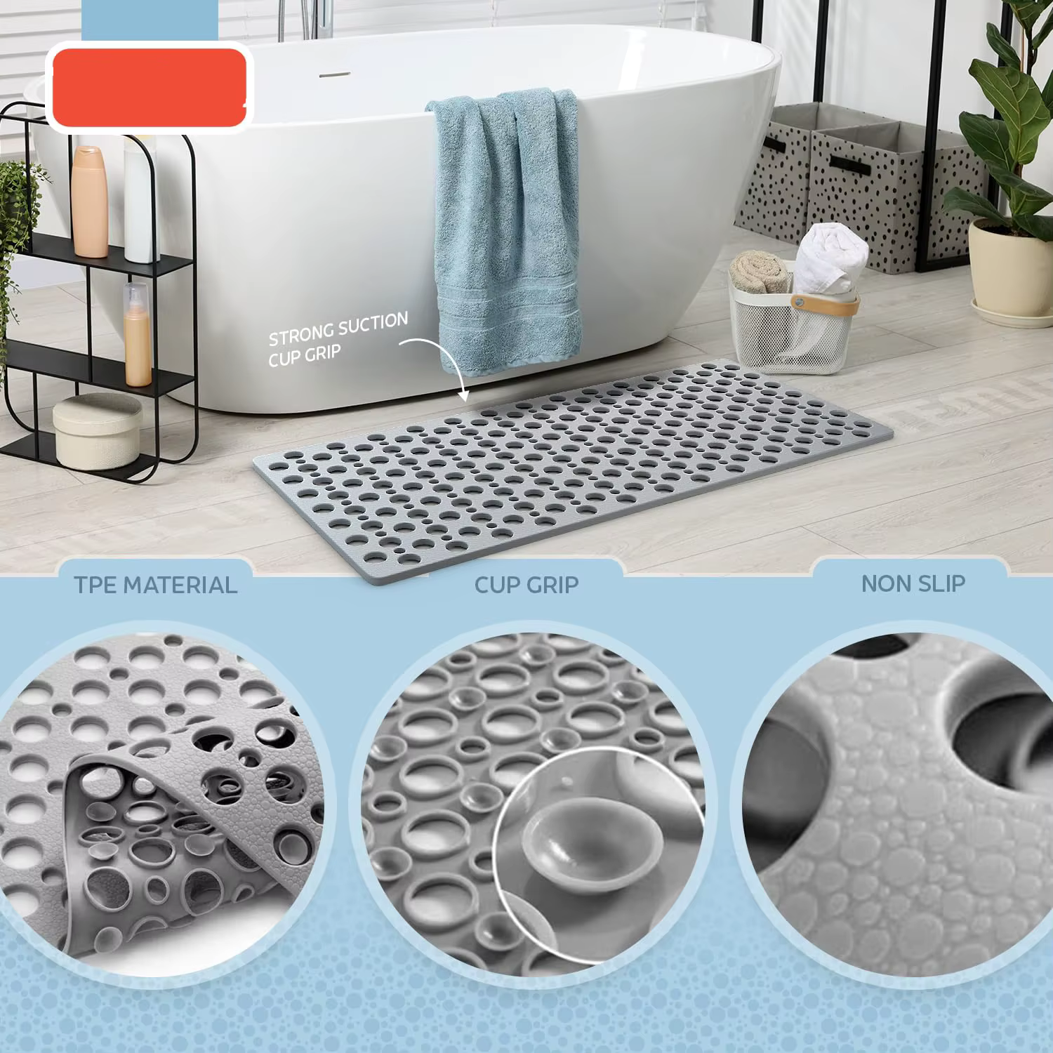 Tapis de bain et de douche antidérapant avec ventouses et trous de drainage