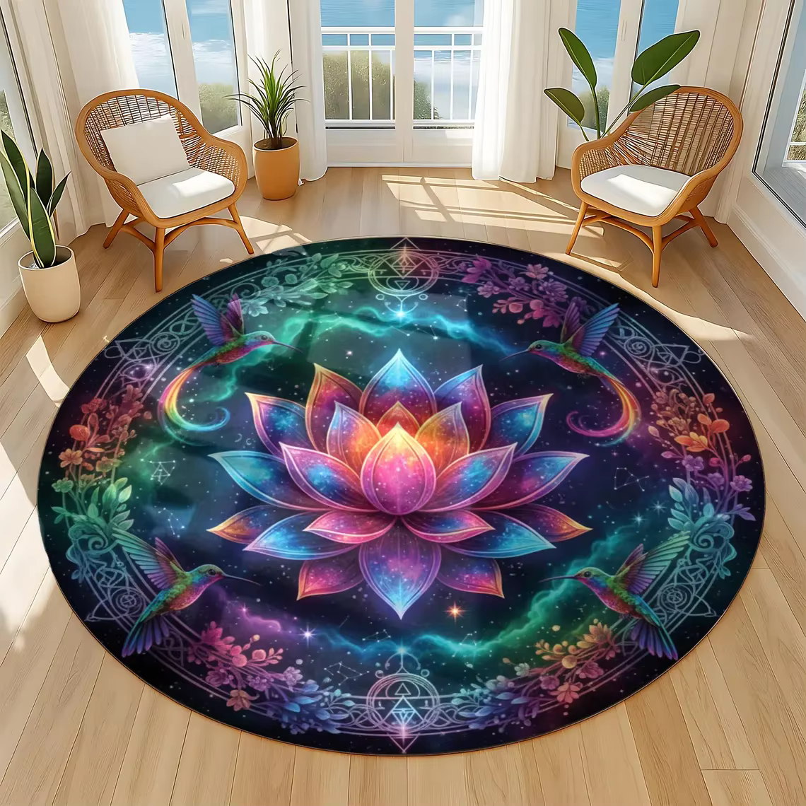 Tapis rond fleur de Lotus colibris et Mandala cosmique