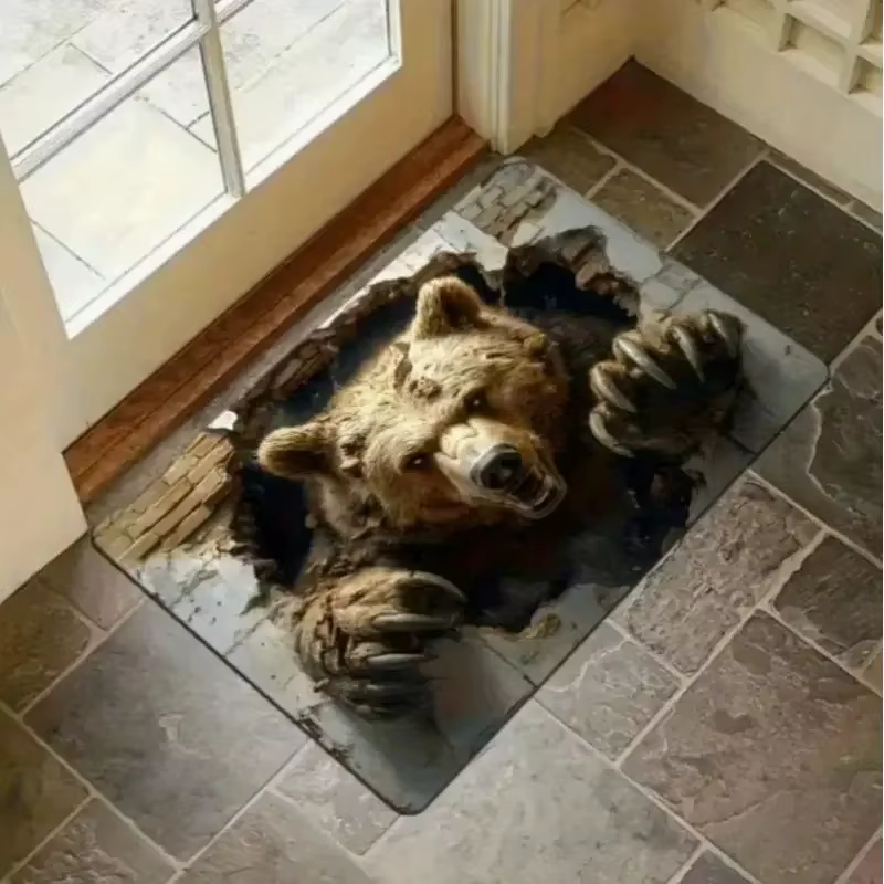 Tapis de sol 3D en pierre avec motif d'ours qui brise la porte