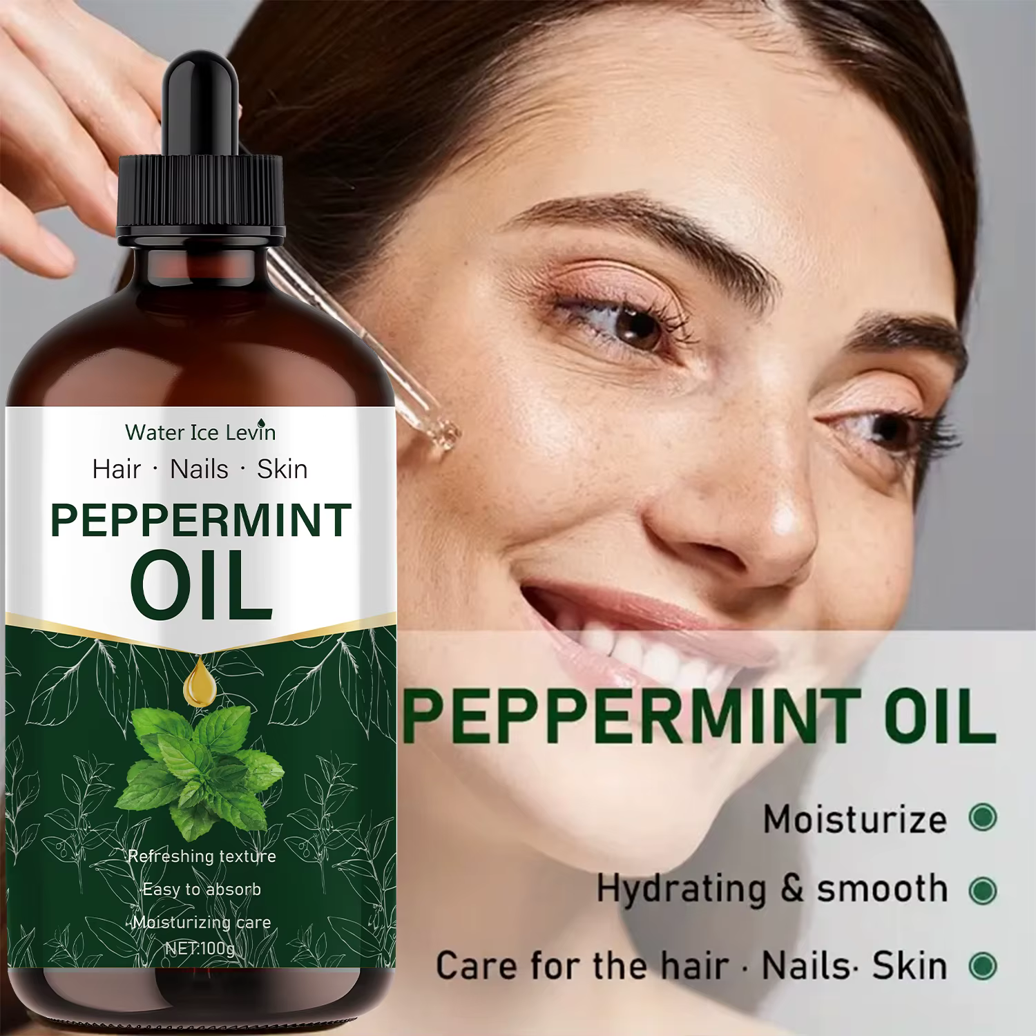 Huile essentielle de menthe poivrée 100g, extraite de plantes naturelles, hypoallergénique, huile de massage hydratante adaptée aux hommes et aux femmes, pour les cheveux, les diffuseurs et les humidi