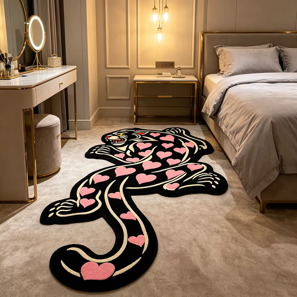 Tapis rose léopard de forme irrégulière