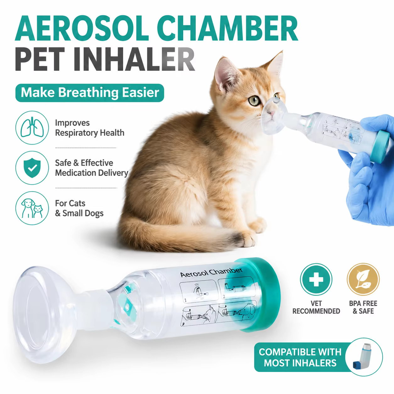 Inhalateur d'asthme pour animaux de compagnie avec indicateur respiratoire et masques en silicone – Soin respiratoire vétérinaire pour chiens et chats