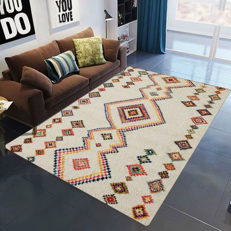 Tapis ethnique bohème, motifs géométriques tribaux colorés assortis